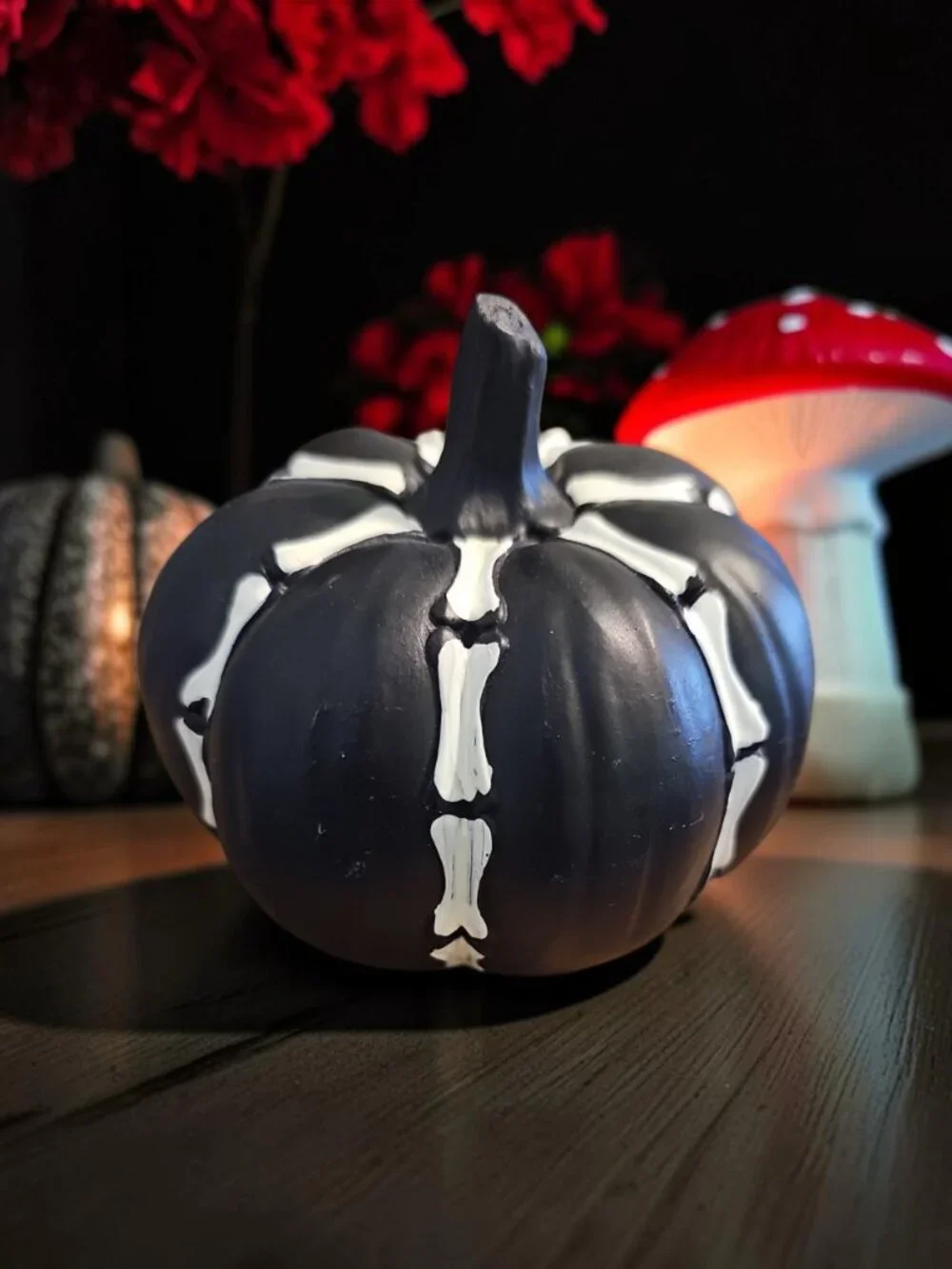 Spooky Pumpkin Décor – Black Skeleton‑Style Pumpkin – Halloween Tabletop